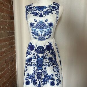 Blue & White Porcelain Print Jacquard Fit & Flare Dress